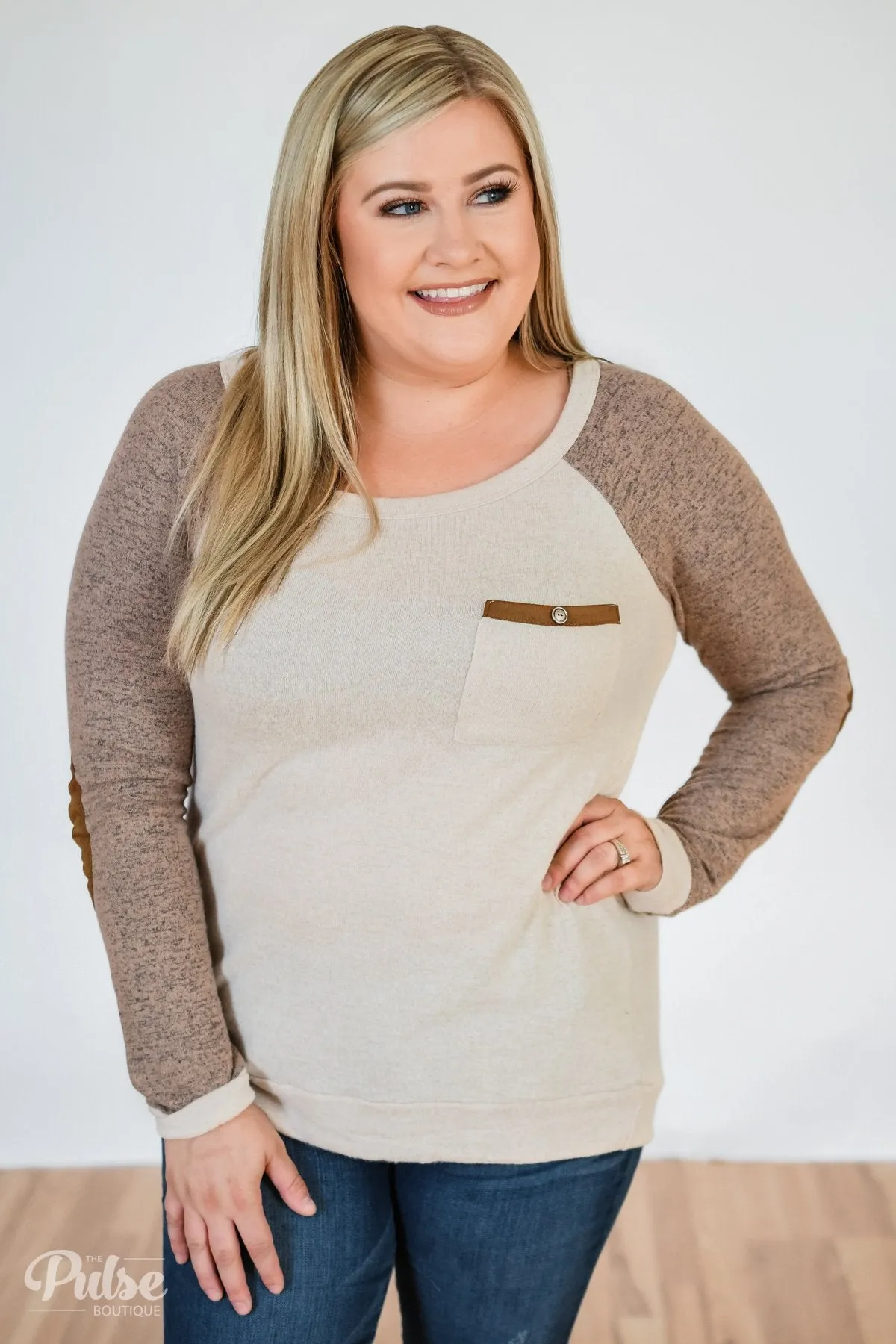 Compass To You Elbow Patch Top- Oatmeal & Mocha