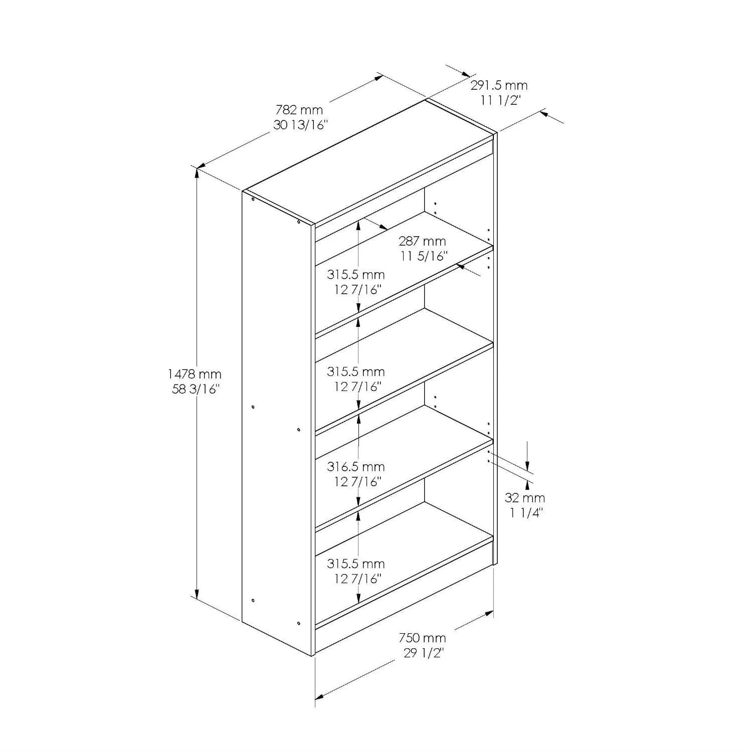 Contemporary 4-Shelf Bookcase in Medium Cherry Wood Finish