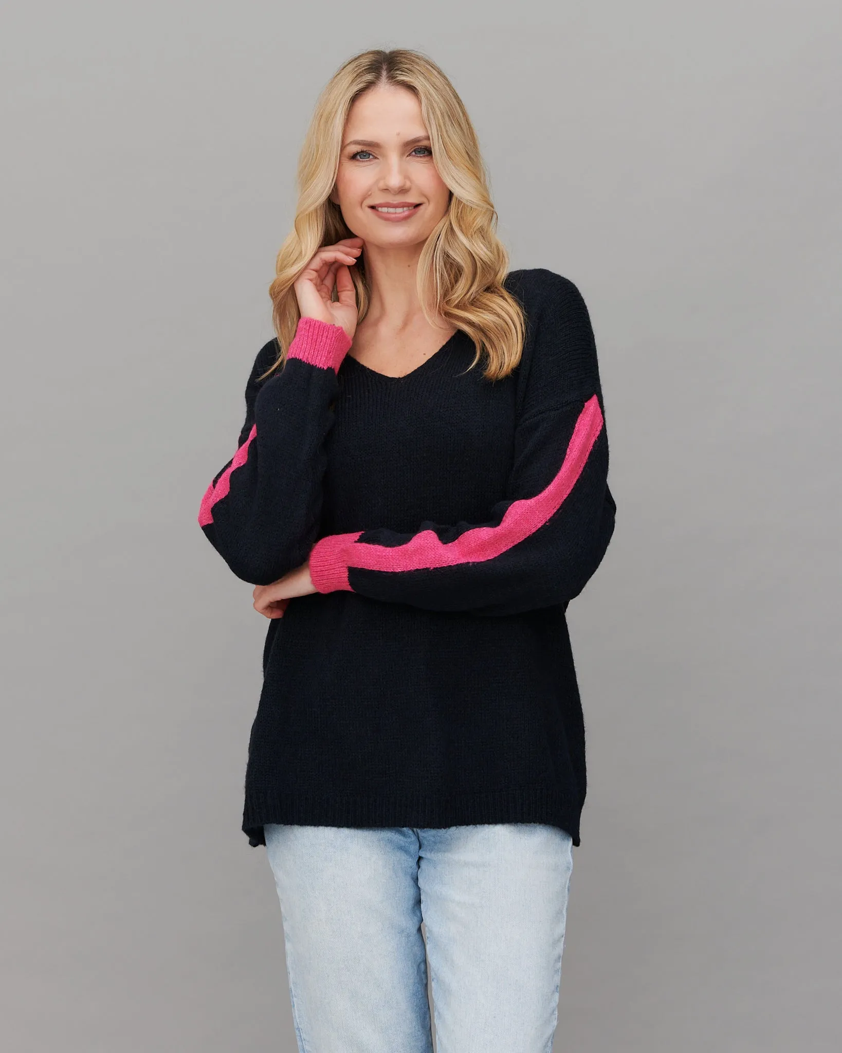Contrast Stripe V-Neck Jumper