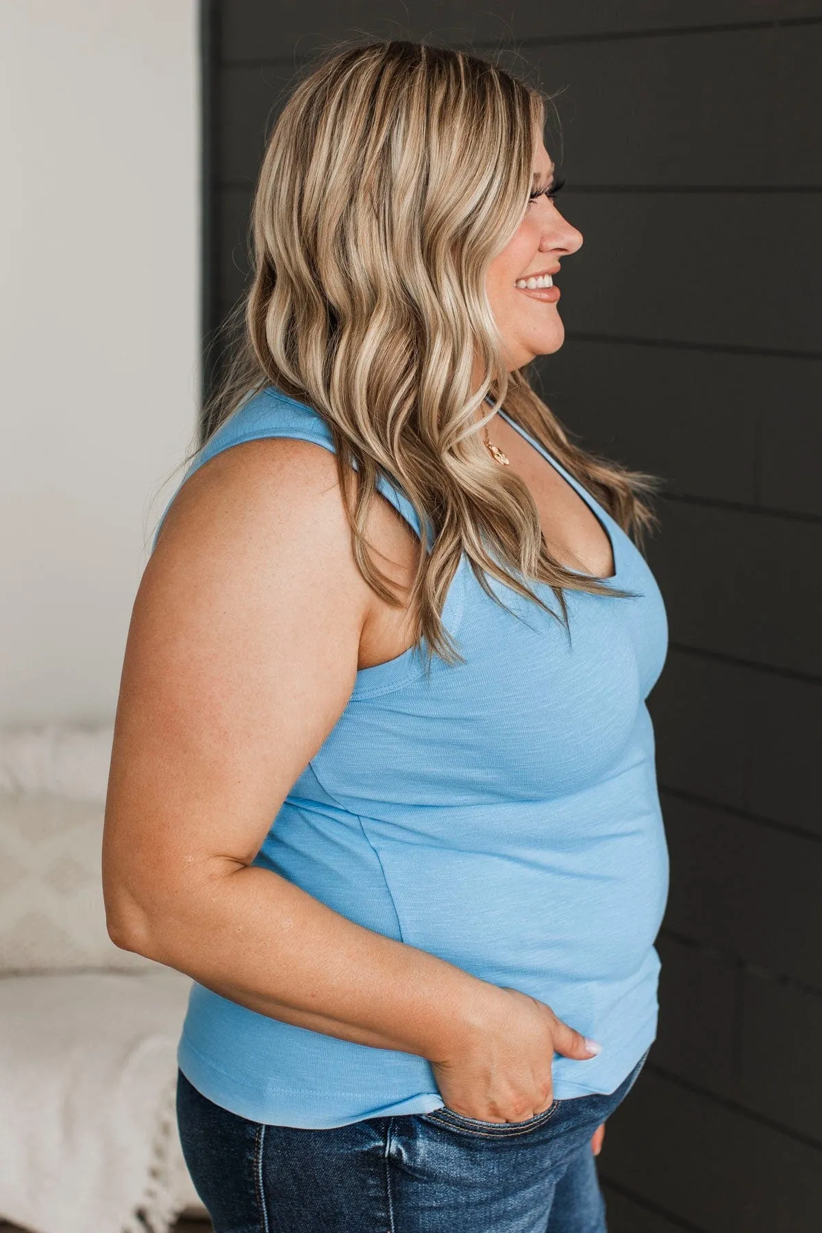 Counting Blessings V-Neck Tank Top- Sky Blue