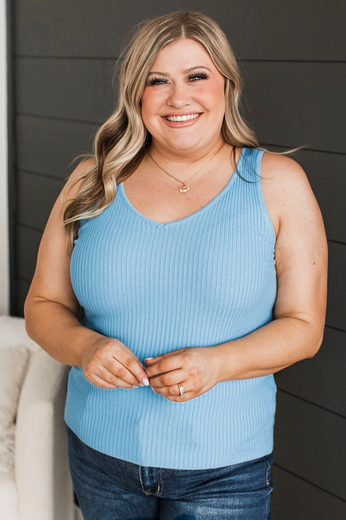 Counting Blessings V-Neck Tank Top- Sky Blue