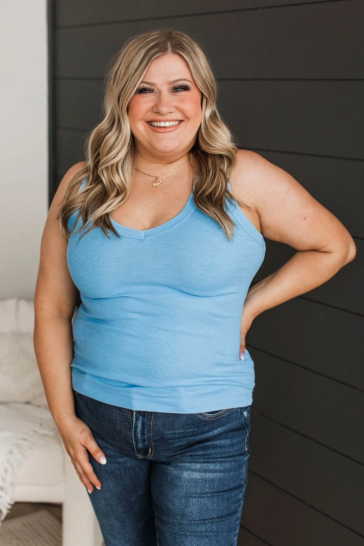 Counting Blessings V-Neck Tank Top- Sky Blue