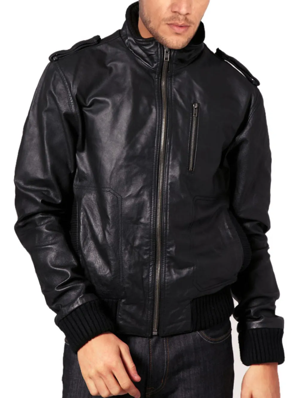 Cozy Funnel Neck Leather Bomber Jacket for Men