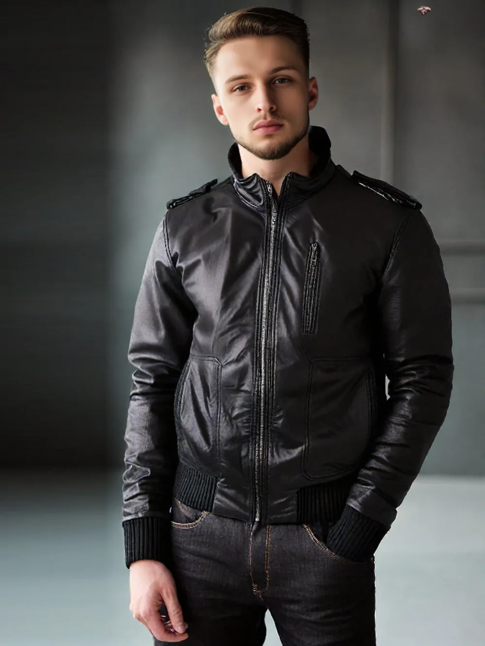 Cozy Funnel Neck Leather Bomber Jacket for Men