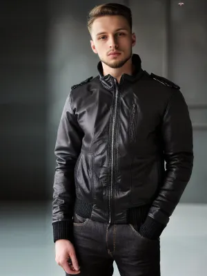 Cozy Funnel Neck Leather Bomber Jacket for Men