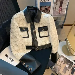 Cream Tweed Lapel Single-Breasted Coat with Leather Trim and Gold Buttons