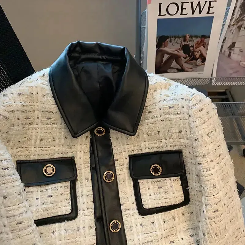 Cream Tweed Lapel Single-Breasted Coat with Leather Trim and Gold Buttons