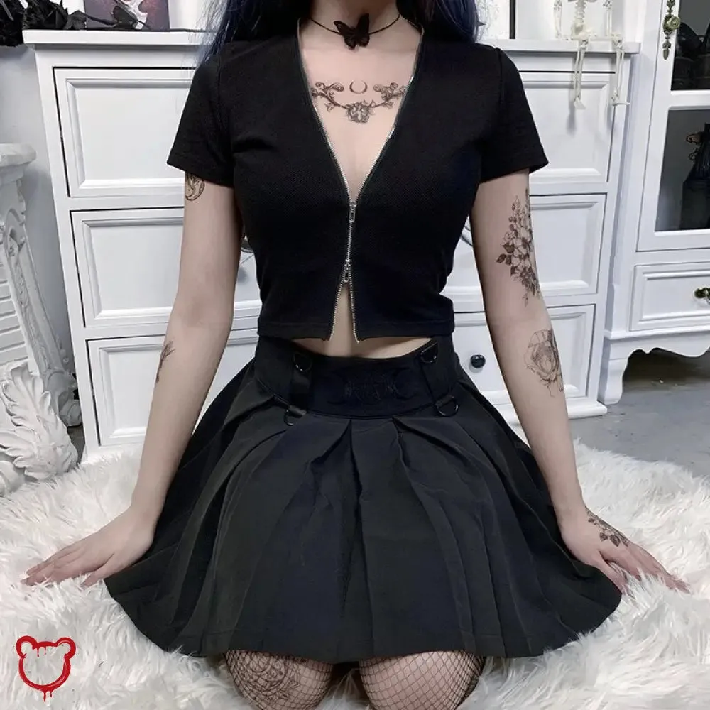 Crimson Goth Zipper V-Neck Top