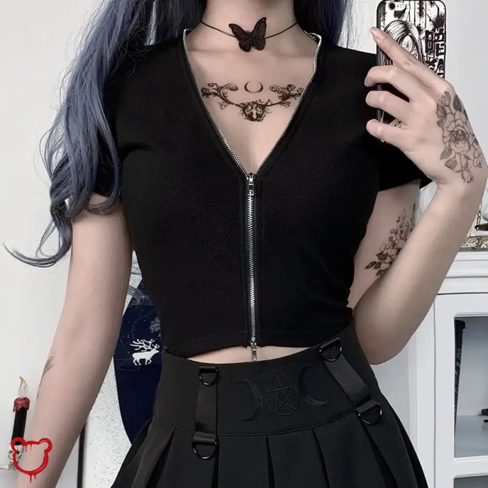 Crimson Goth Zipper V-Neck Top