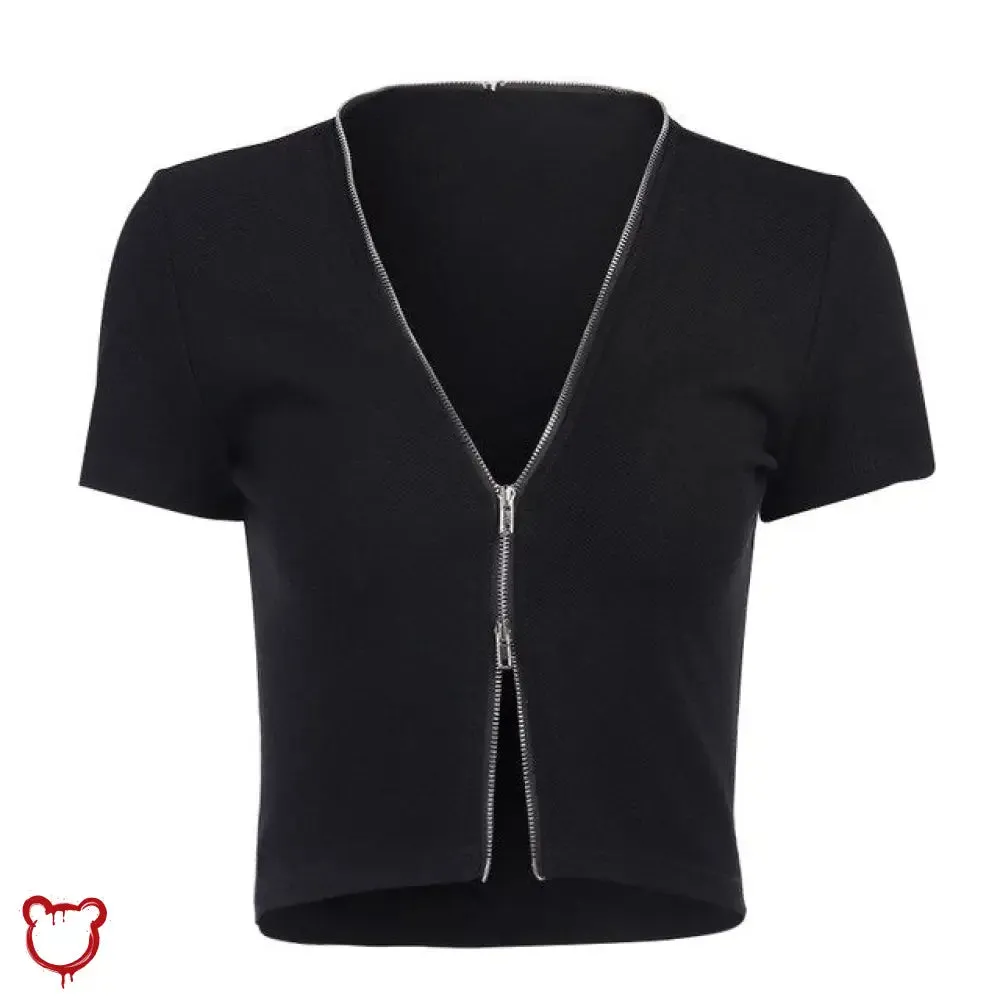Crimson Goth Zipper V-Neck Top
