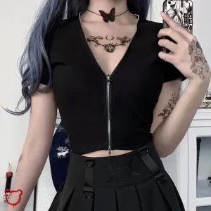 Crimson Goth Zipper V-Neck Top