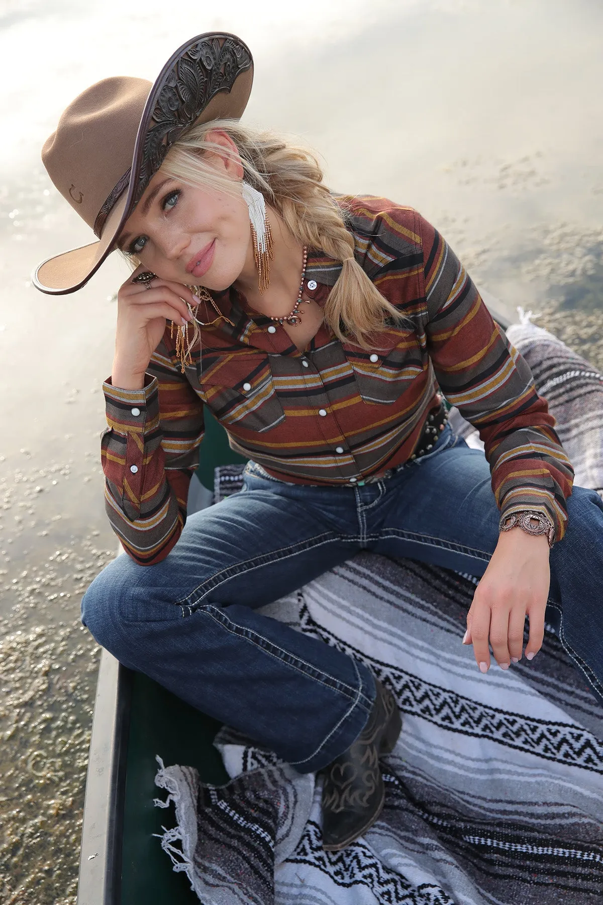 Cruel Women's Copper Gold and Olive Button Down Western Shirt