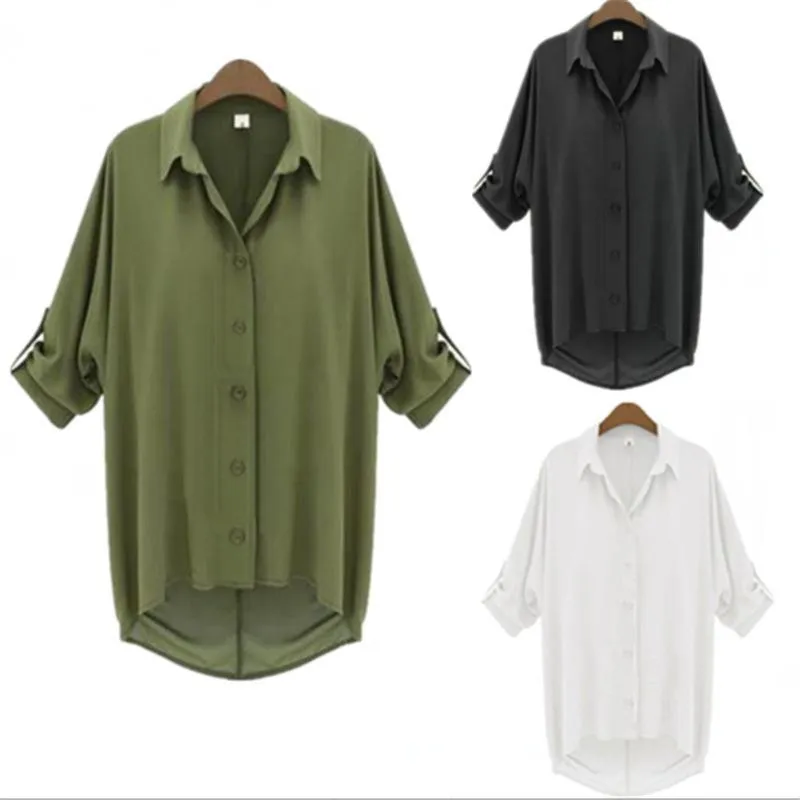 Cuff Sleeve High Low Button Up Blouse