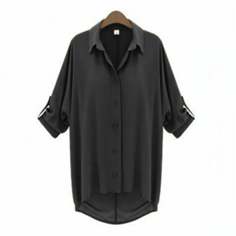 Cuff Sleeve High Low Button Up Blouse