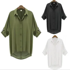 Cuff Sleeve High Low Button Up Blouse