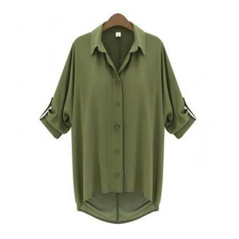 Cuff Sleeve High Low Button Up Blouse