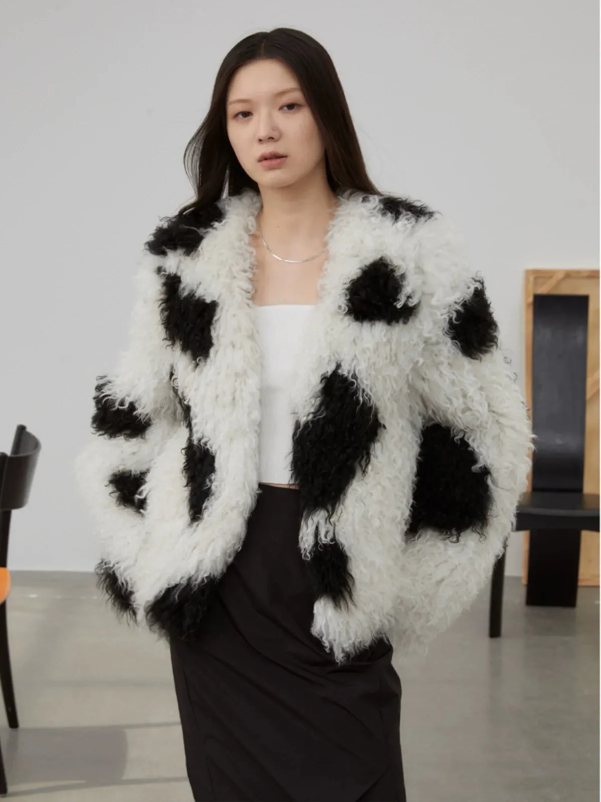 Curly Cow-Print Faux Shearling Jacket