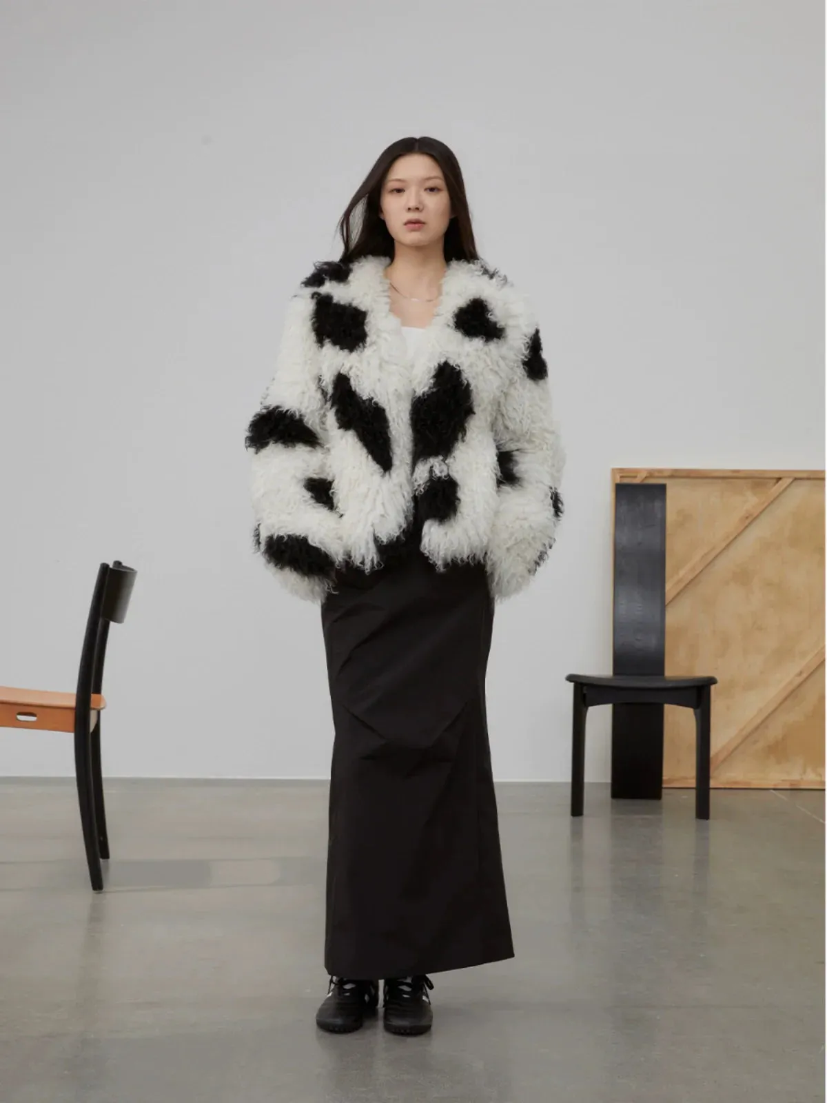 Curly Cow-Print Faux Shearling Jacket