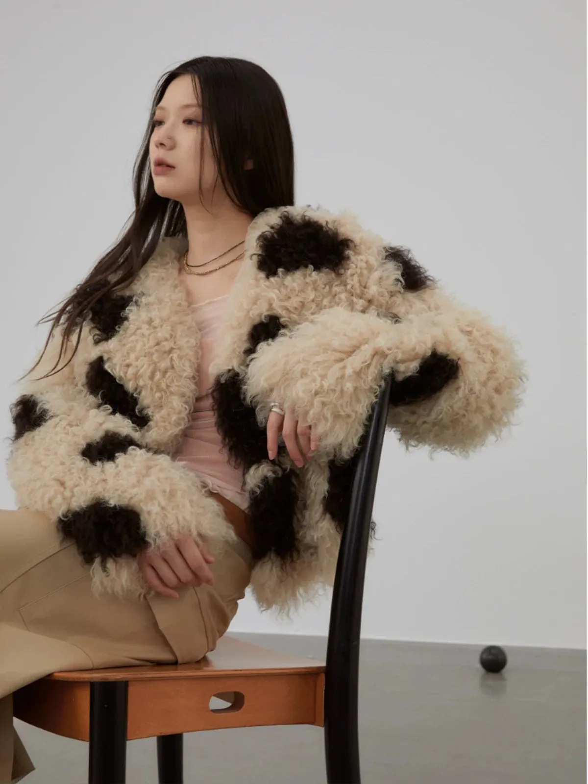 Curly Cow-Print Faux Shearling Jacket
