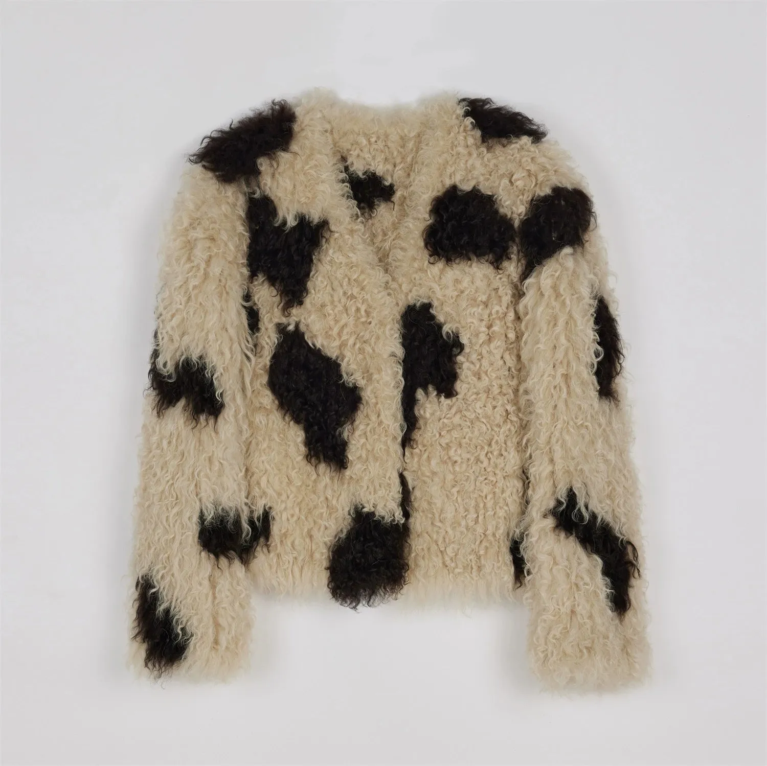Curly Cow-Print Faux Shearling Jacket