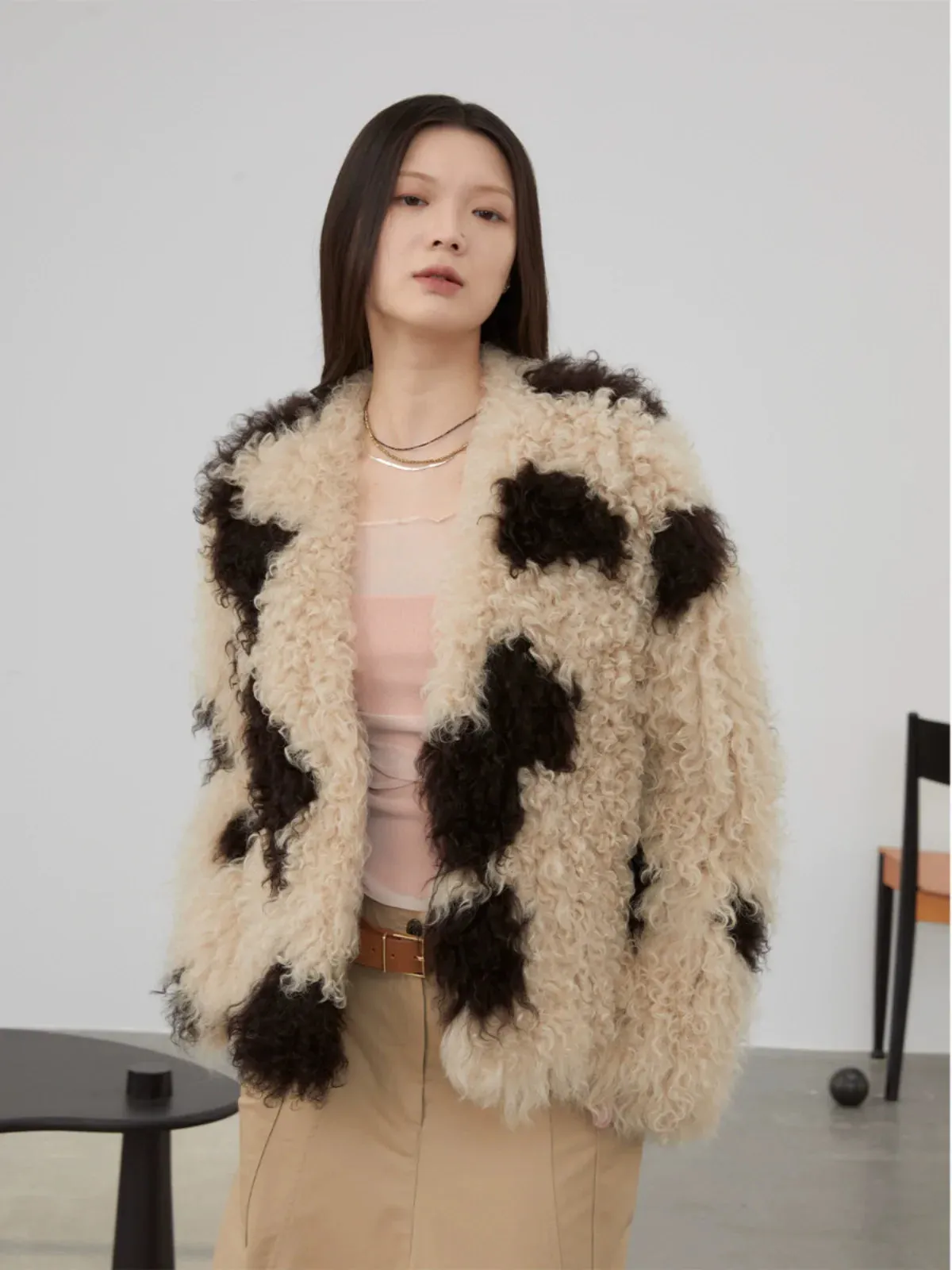 Curly Cow-Print Faux Shearling Jacket