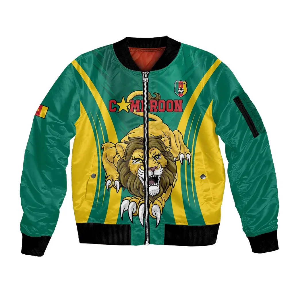 Custom Afro Cameroun Football Sleeve Zip Bomber Jacket Go Les Lions Indomptables LT15