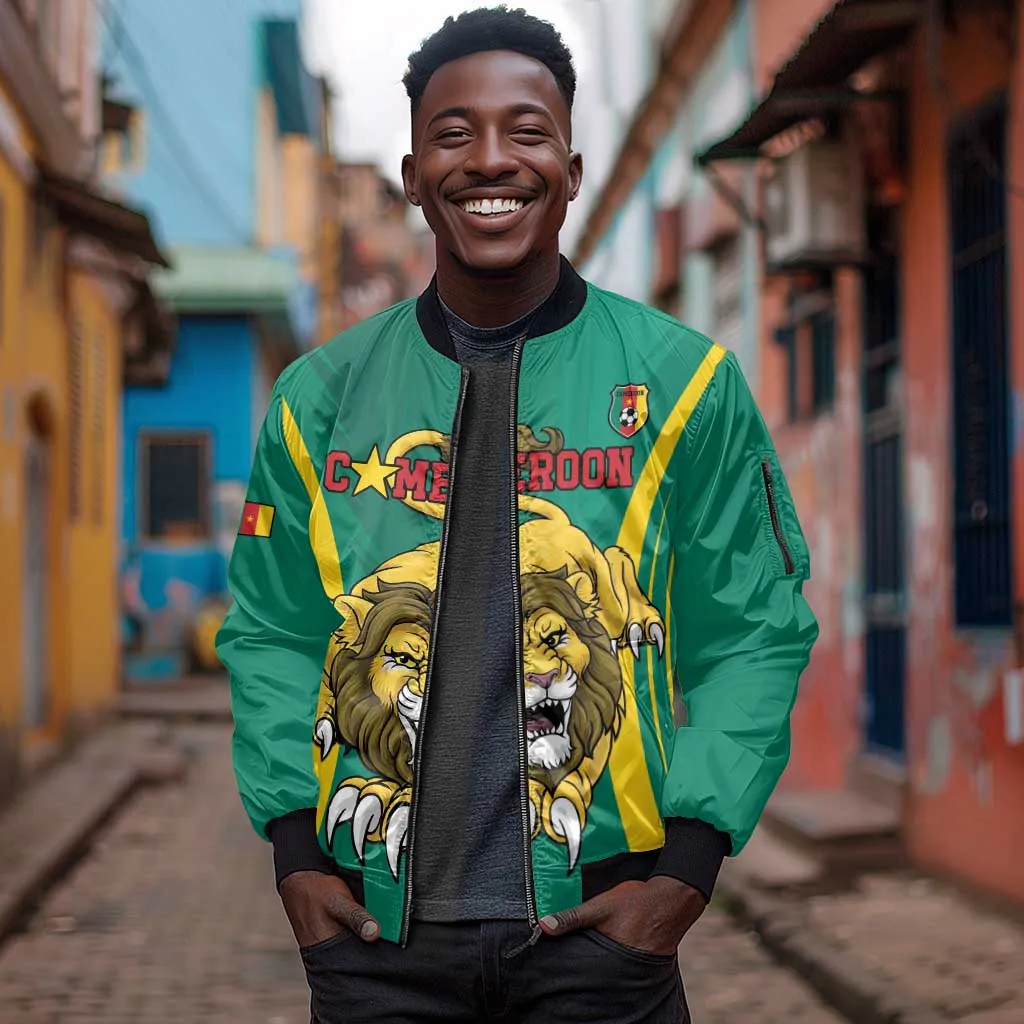 Custom Afro Cameroun Football Sleeve Zip Bomber Jacket Go Les Lions Indomptables LT15
