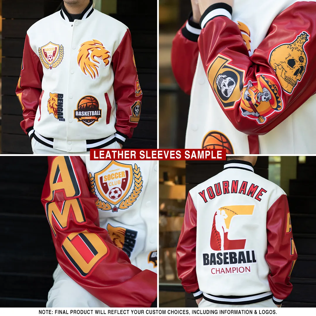 Custom Black Red-White Skull With Flower 3D Bomber Full-Snap Varsity Letterman Jacket