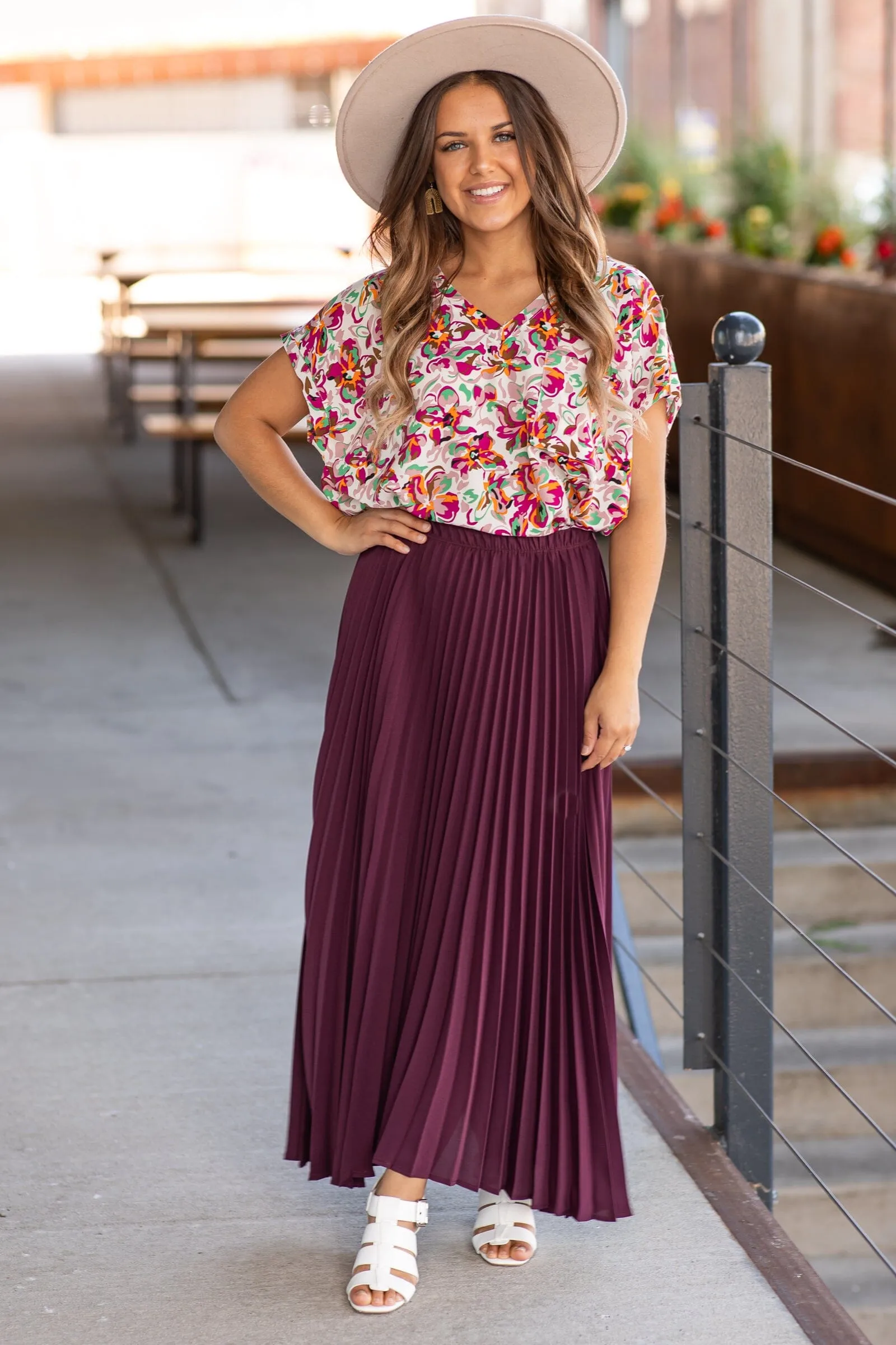 Dark Mauve Crystal Pleat Midi Skirt