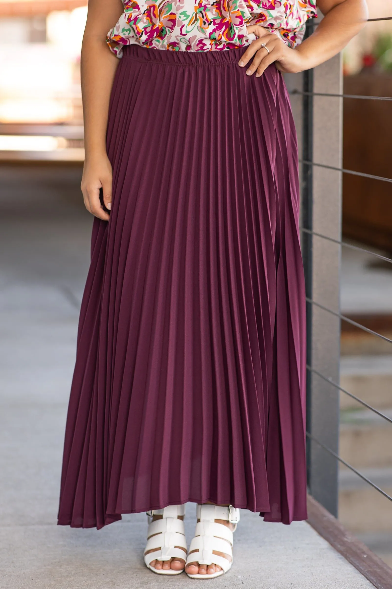 Dark Mauve Crystal Pleat Midi Skirt