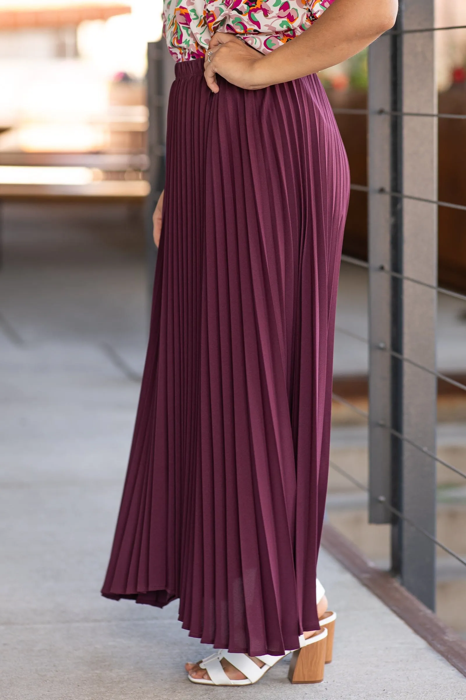 Dark Mauve Crystal Pleat Midi Skirt
