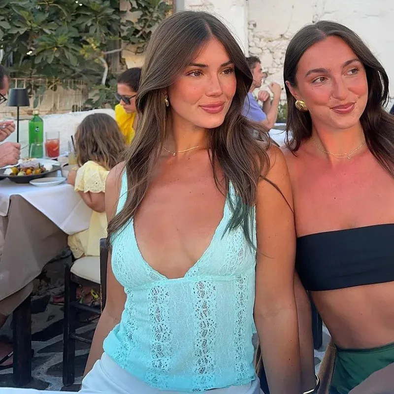 Deep V-Neck Hollow Out Lace Crop Tank Top