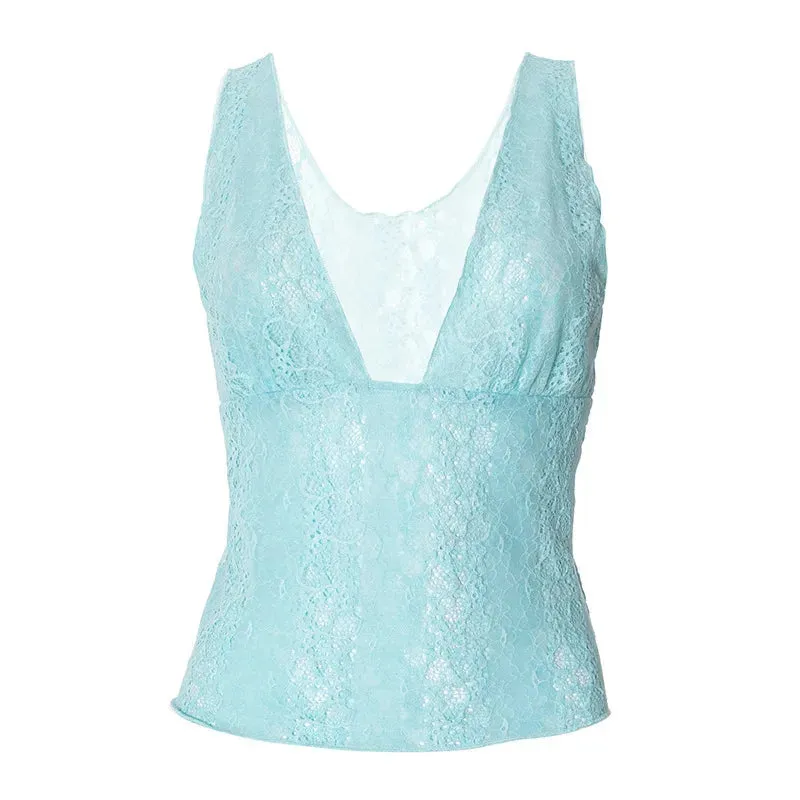 Deep V-Neck Hollow Out Lace Crop Tank Top