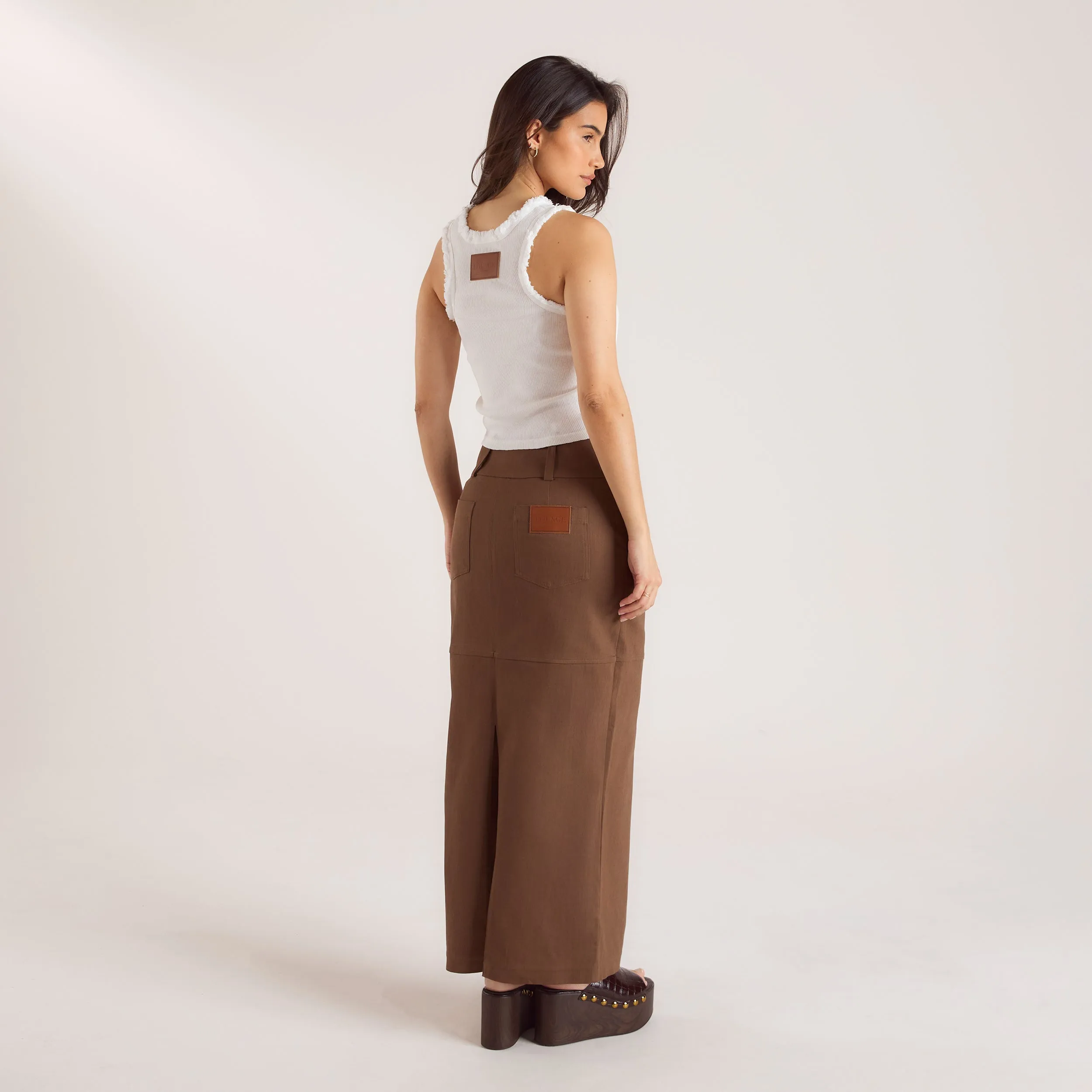 Double Button Woven Maxi Skirt - Chocolate