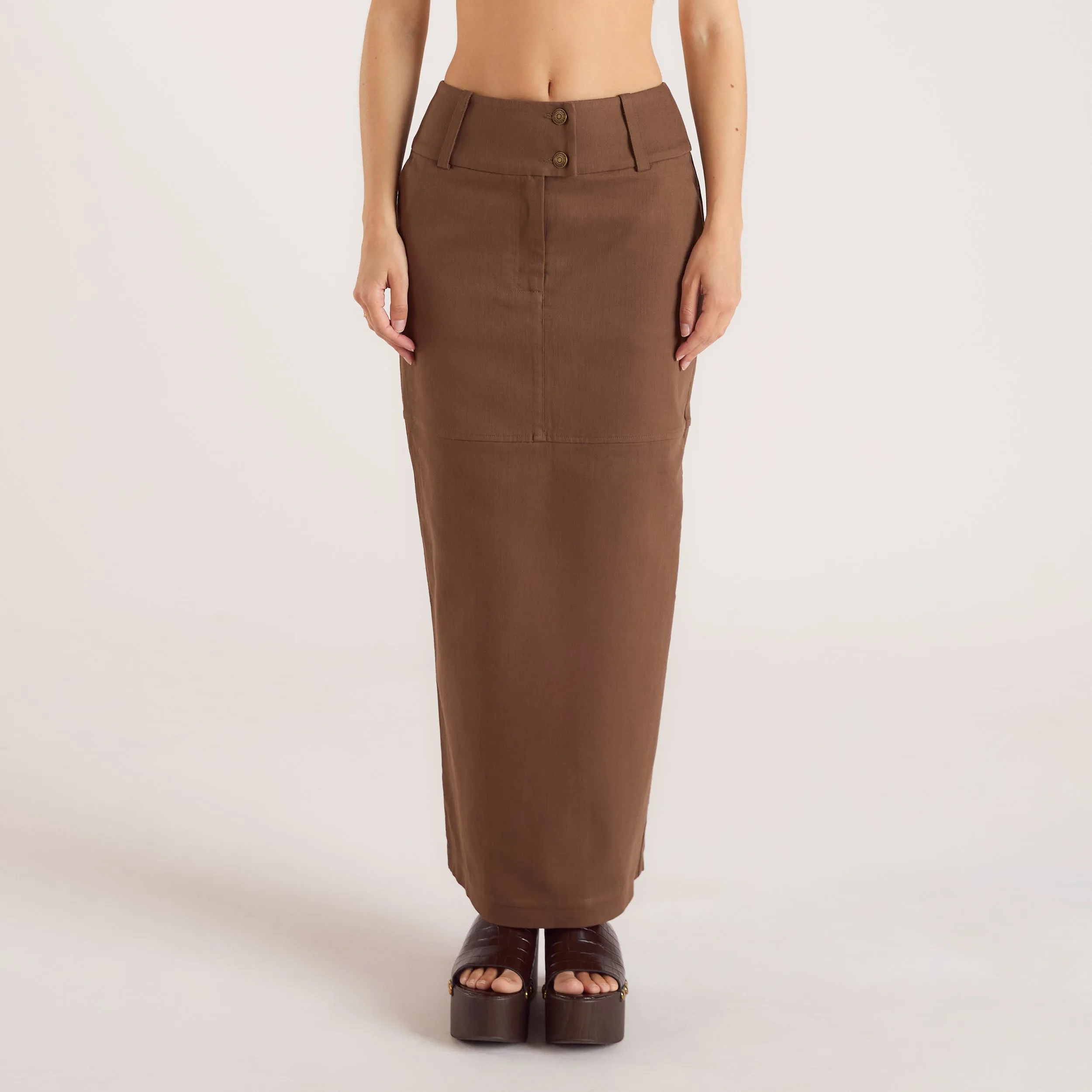 Double Button Woven Maxi Skirt - Chocolate