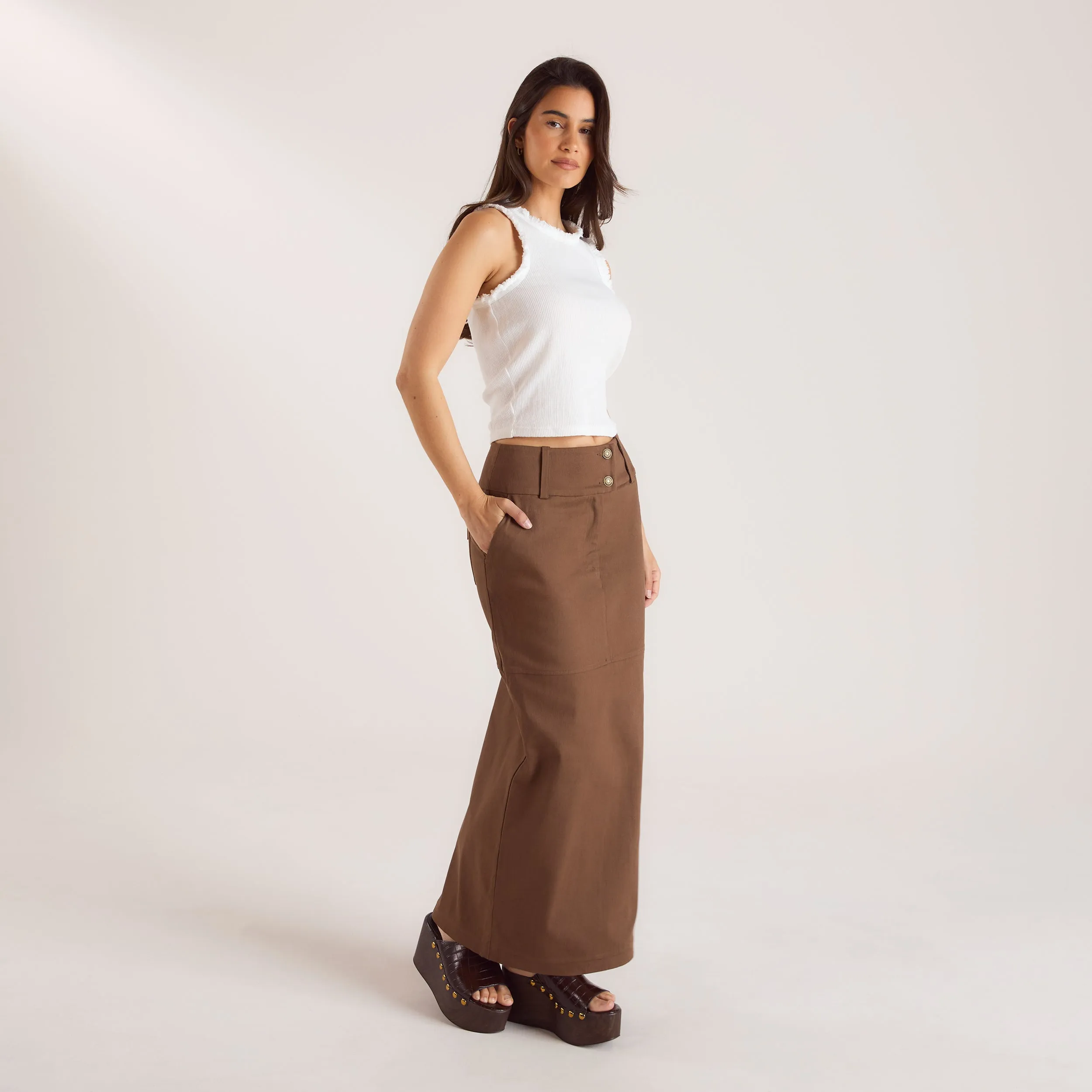 Double Button Woven Maxi Skirt - Chocolate
