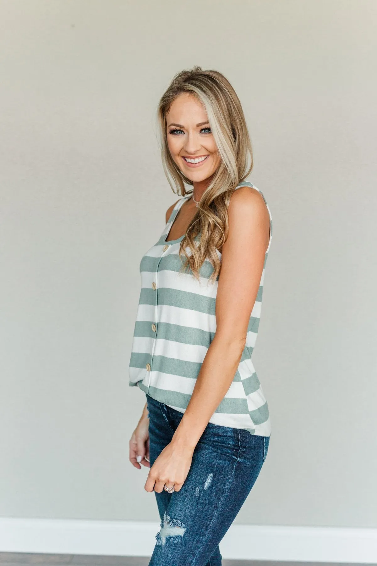 Dreamy Days Striped Button Tank- Ivory & Dusty Sage