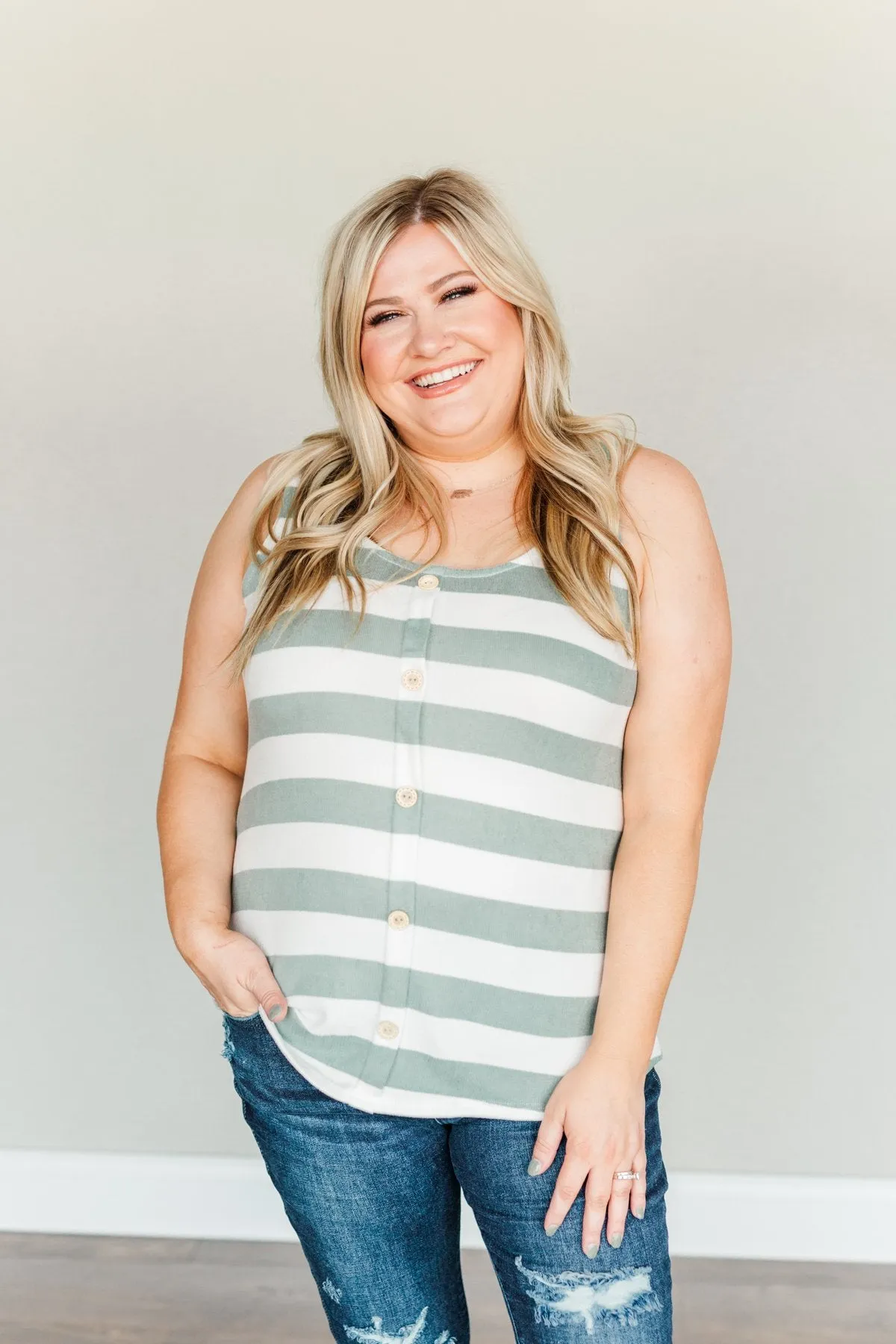 Dreamy Days Striped Button Tank- Ivory & Dusty Sage