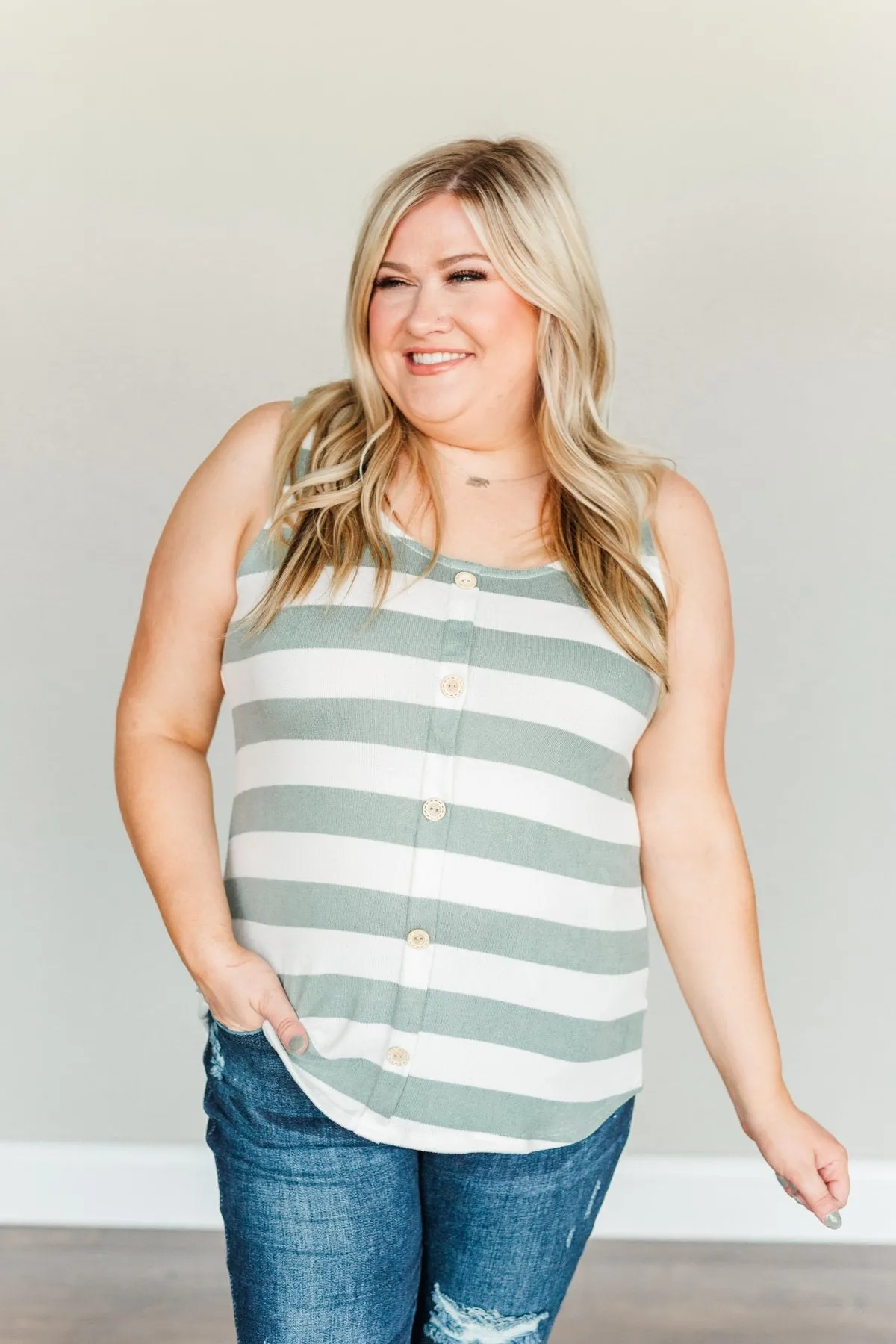 Dreamy Days Striped Button Tank- Ivory & Dusty Sage
