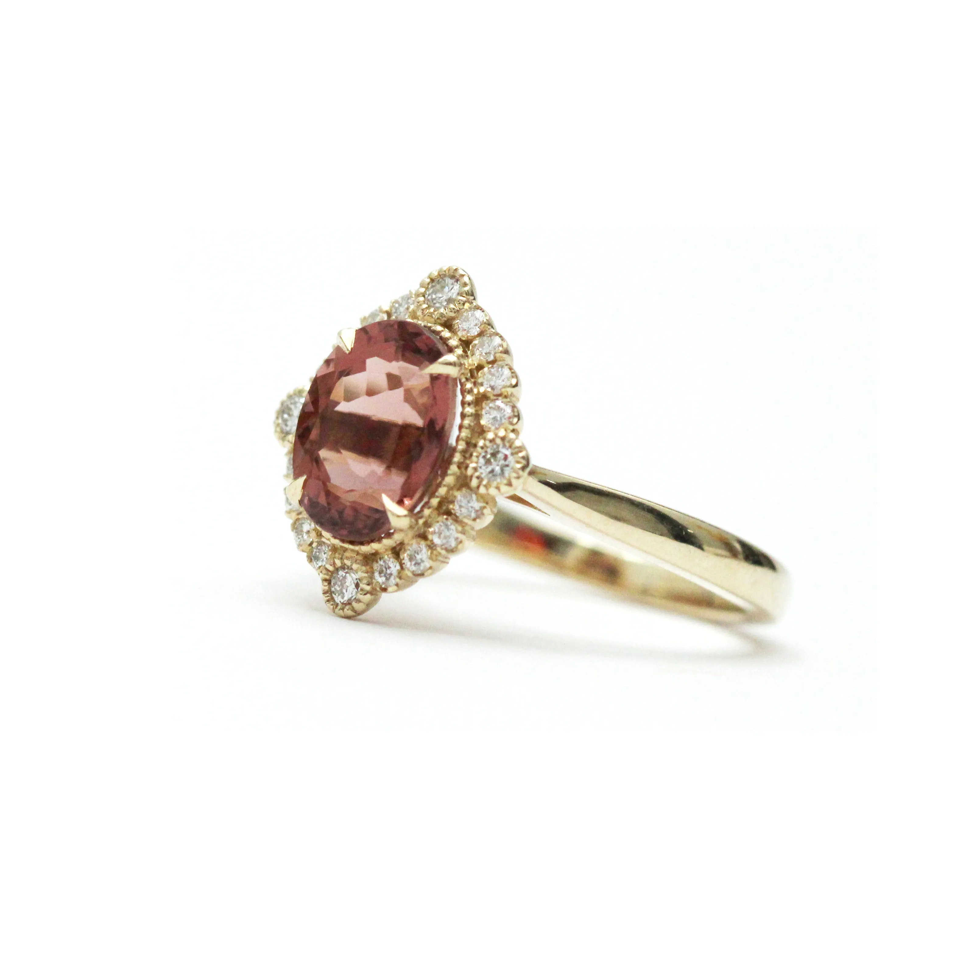 Dusty Rose Tourmaline Diamond Bezel and Halo Ring