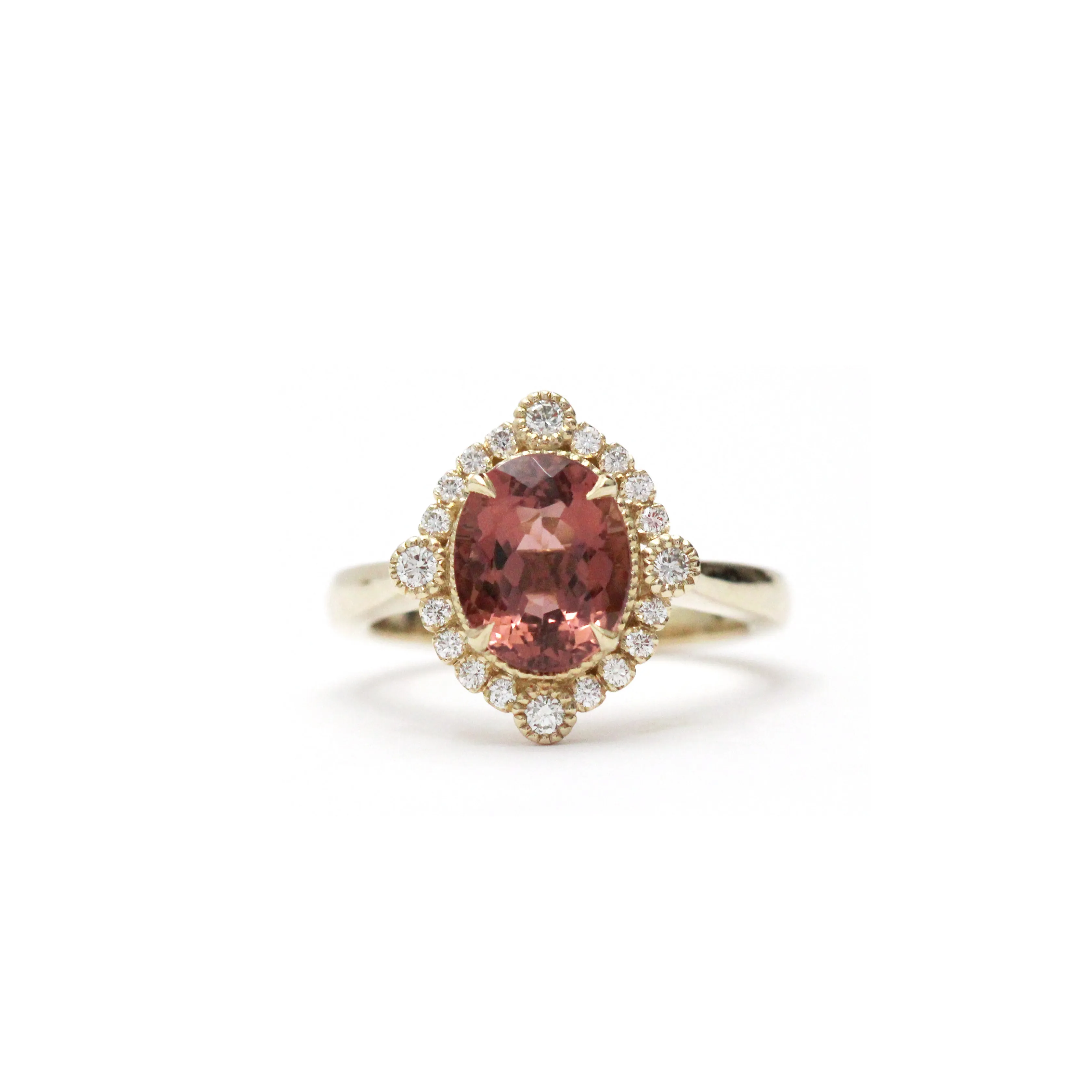 Dusty Rose Tourmaline Diamond Bezel and Halo Ring