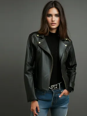 Elastic Waist Lambskin Leather Moto Jacket