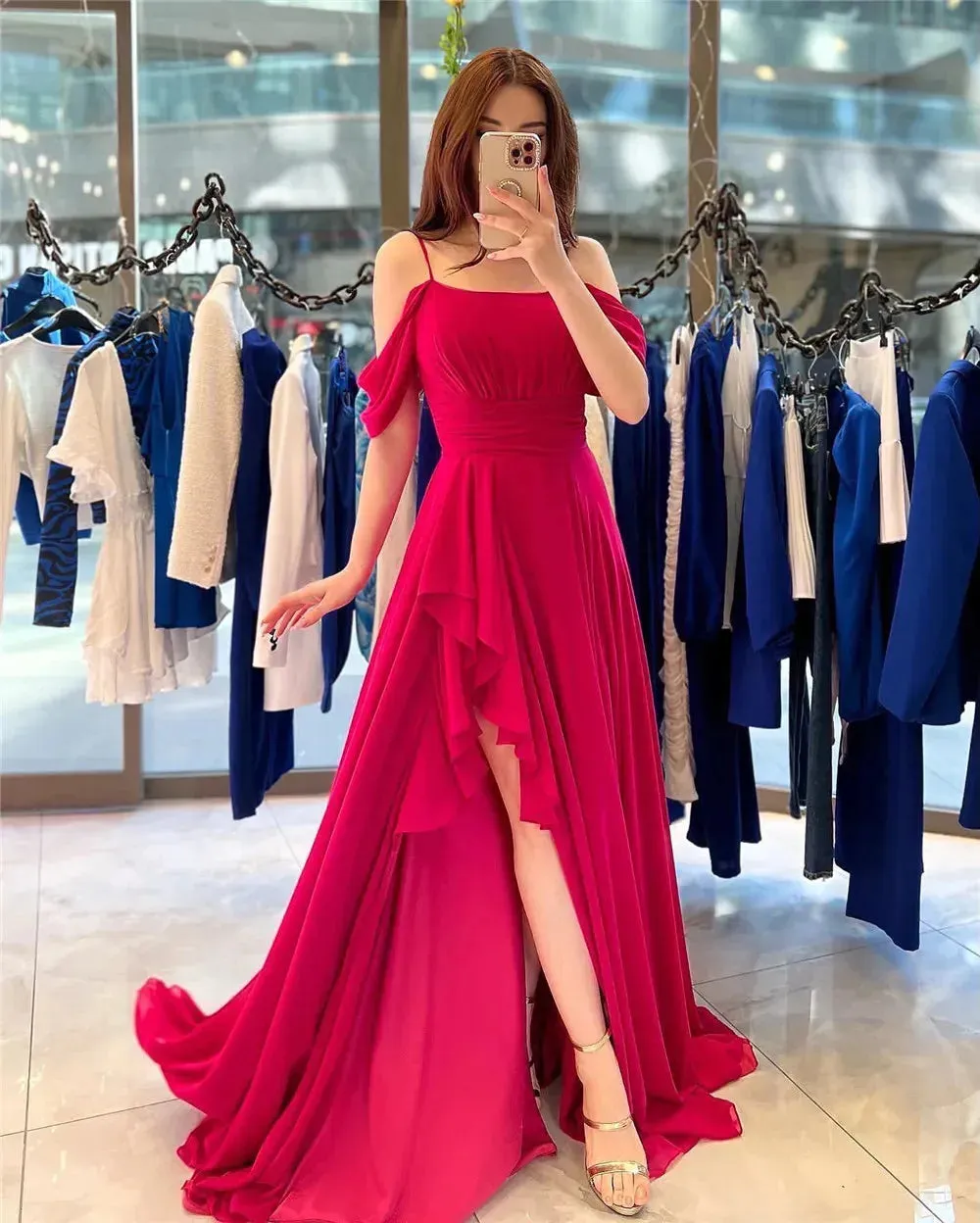 Elegant Chiffon Evening Dresses Spaghetti Strap Off The Shoulder Pleat Ruched Middle Slit Prom Dresses for women