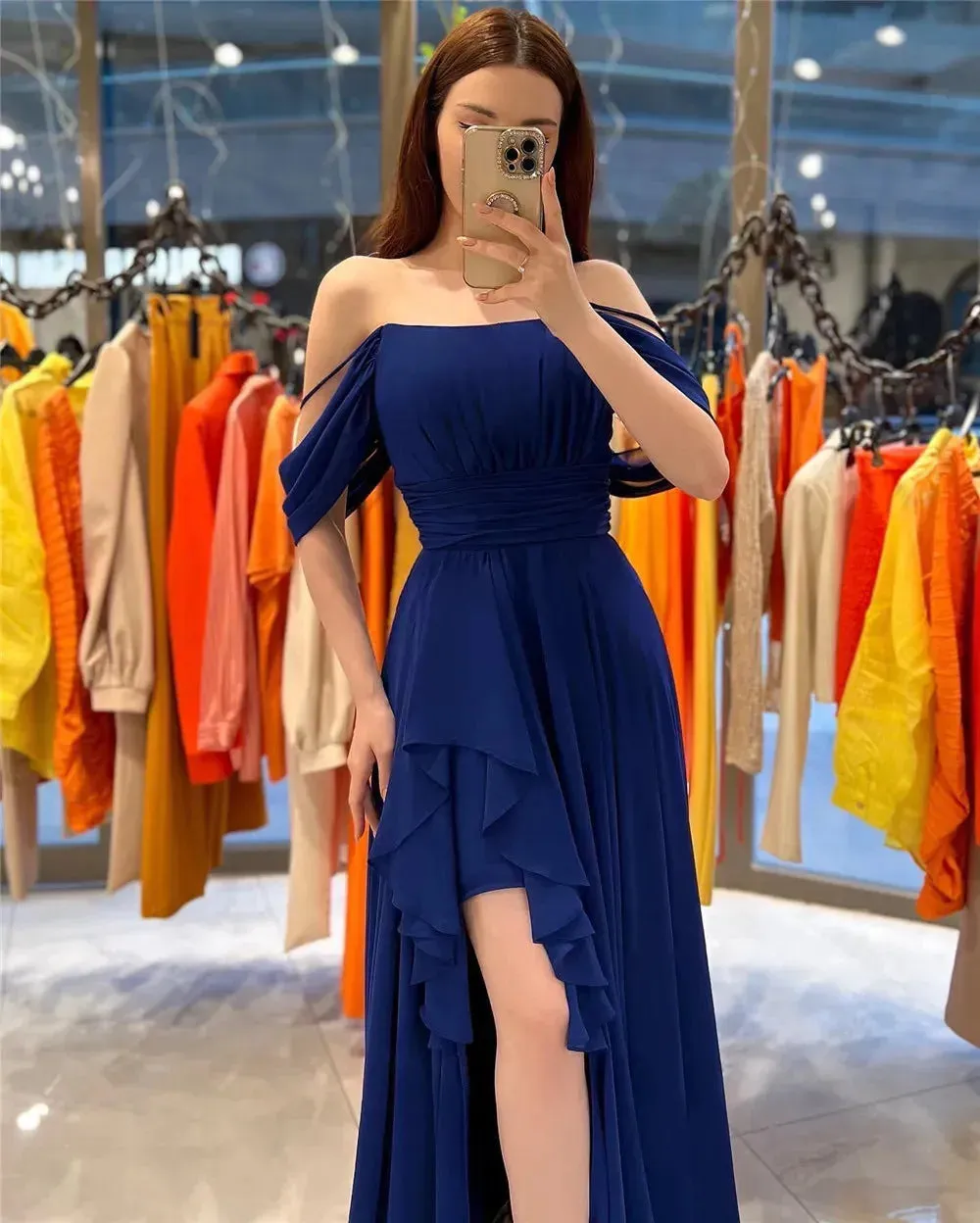 Elegant Chiffon Evening Dresses Spaghetti Strap Off The Shoulder Pleat Ruched Middle Slit Prom Dresses for women
