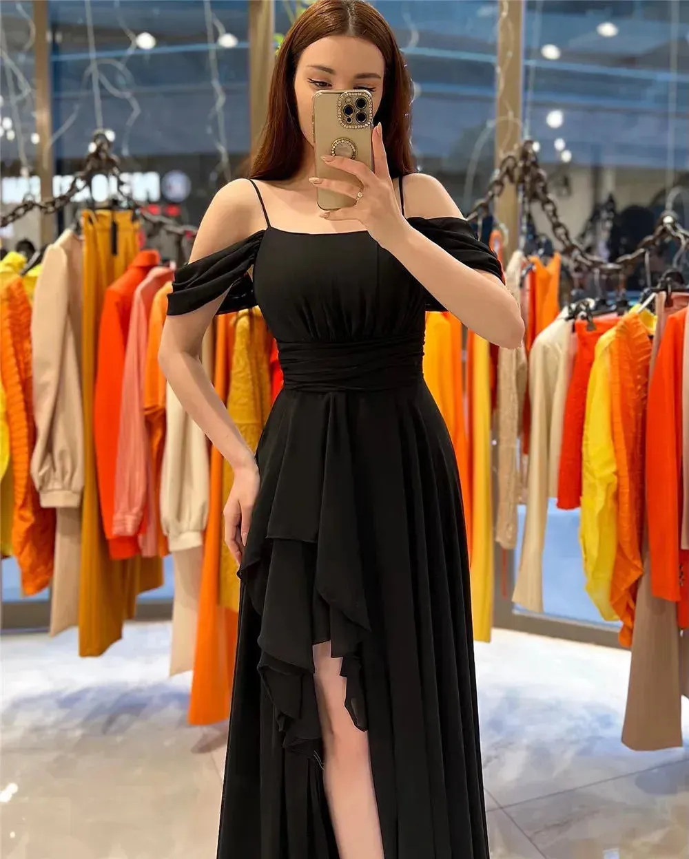 Elegant Chiffon Evening Dresses Spaghetti Strap Off The Shoulder Pleat Ruched Middle Slit Prom Dresses for women