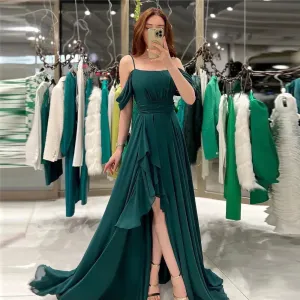 Elegant Chiffon Evening Dresses Spaghetti Strap Off The Shoulder Pleat Ruched Middle Slit Prom Dresses for women