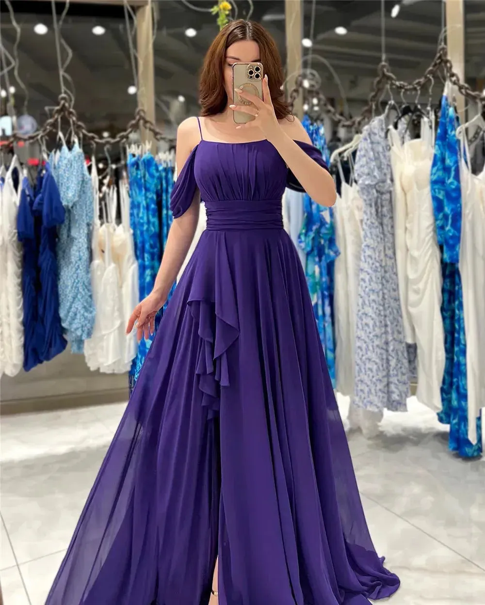 Elegant Chiffon Evening Dresses Spaghetti Strap Off The Shoulder Pleat Ruched Middle Slit Prom Dresses for women