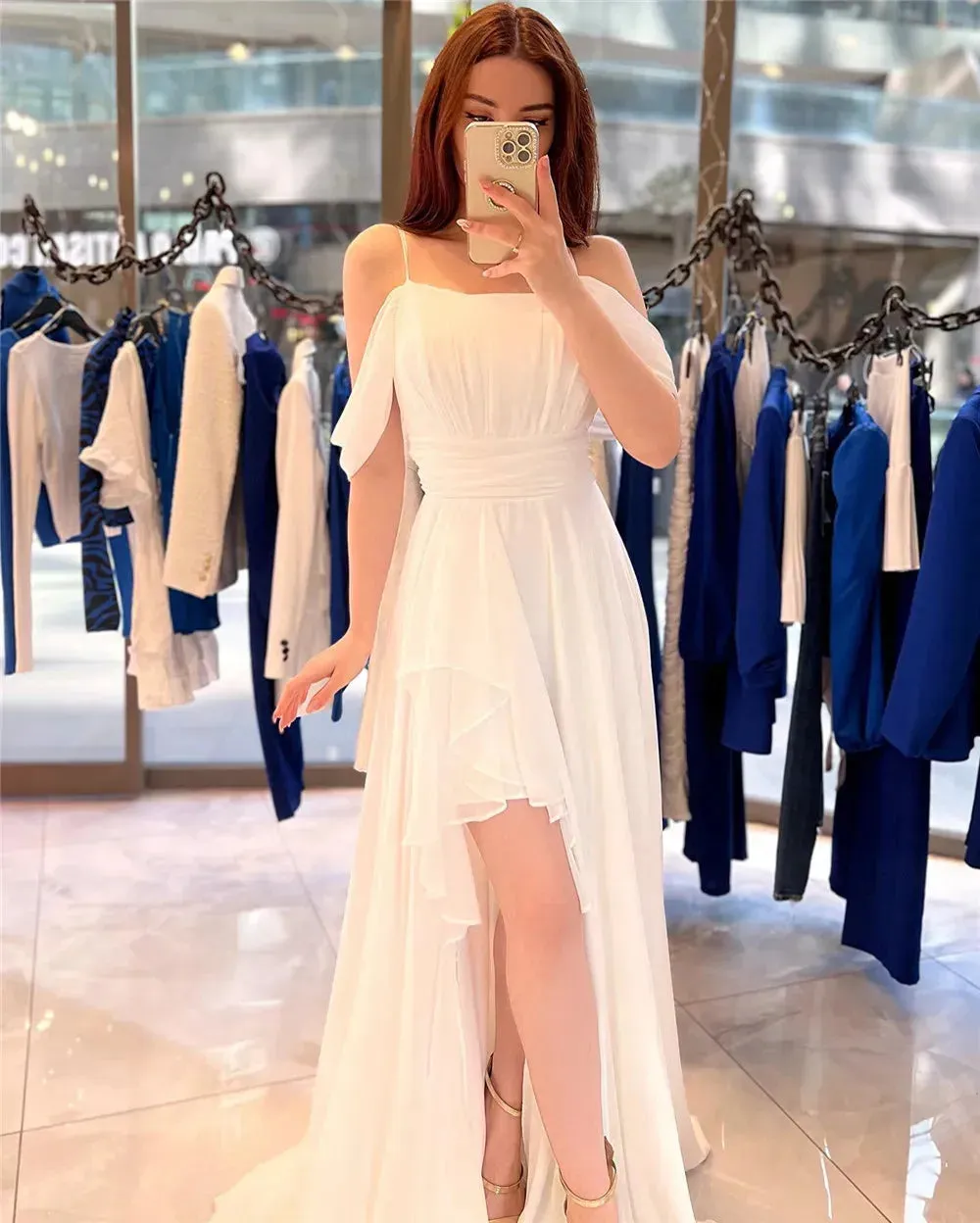 Elegant Chiffon Evening Dresses Spaghetti Strap Off The Shoulder Pleat Ruched Middle Slit Prom Dresses for women