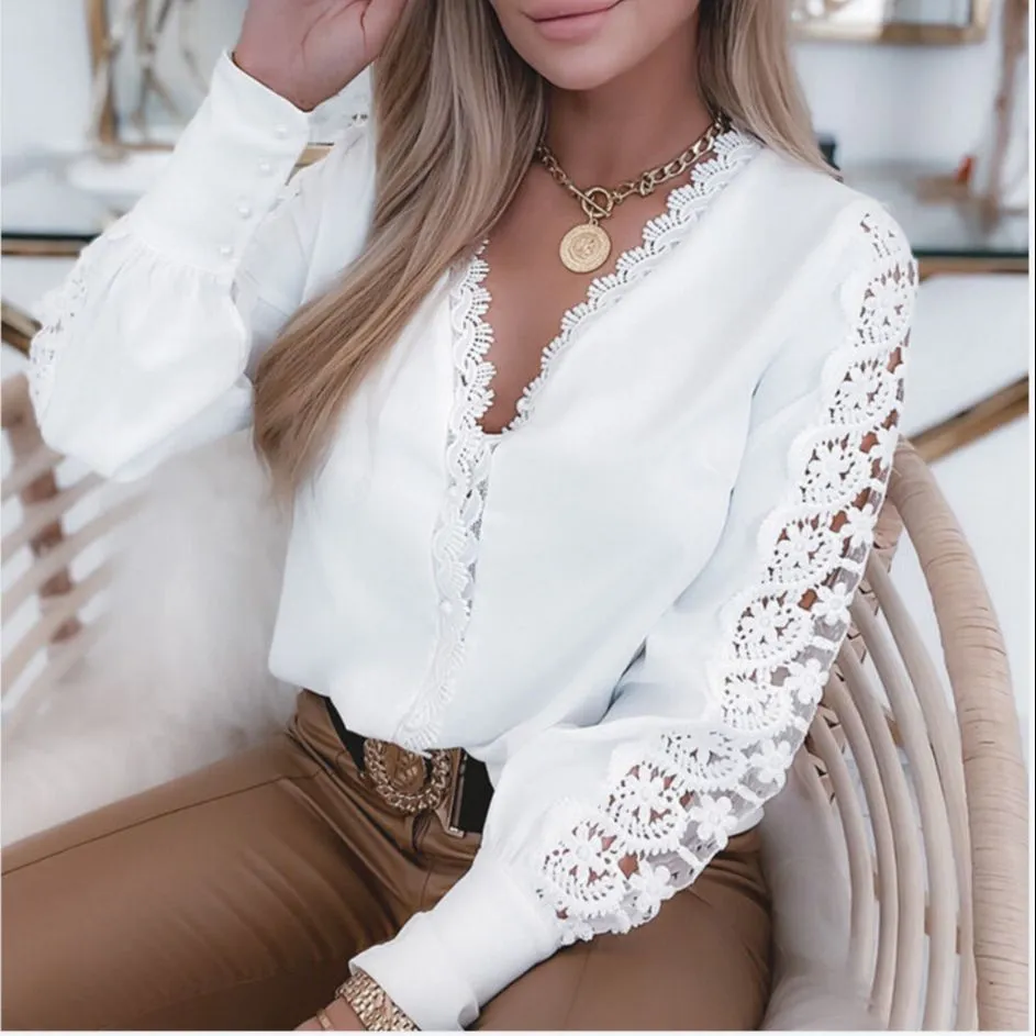 Elegant Tops Long Sleeve V Neck Ladies Blouse