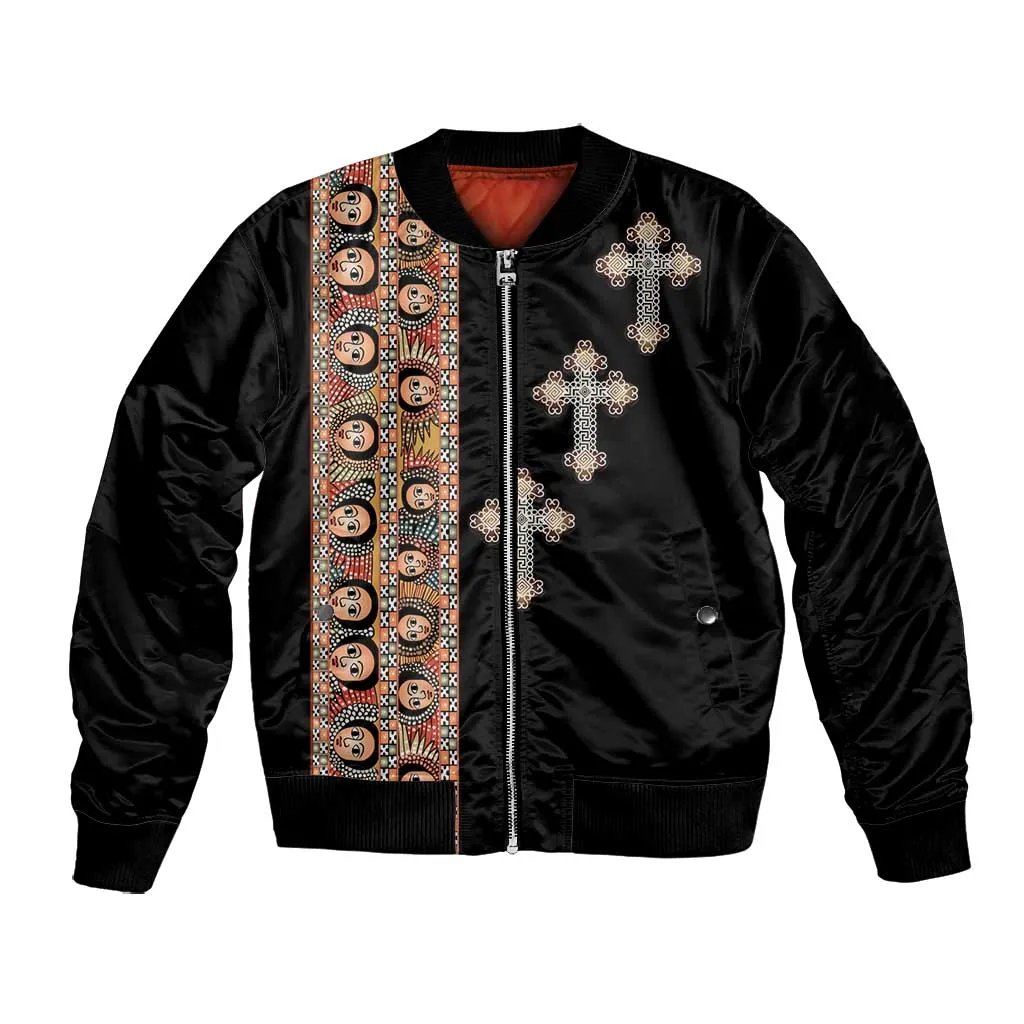 Ethiopia Angels Tilet With Cross Bomber Jacket Black Color LT15